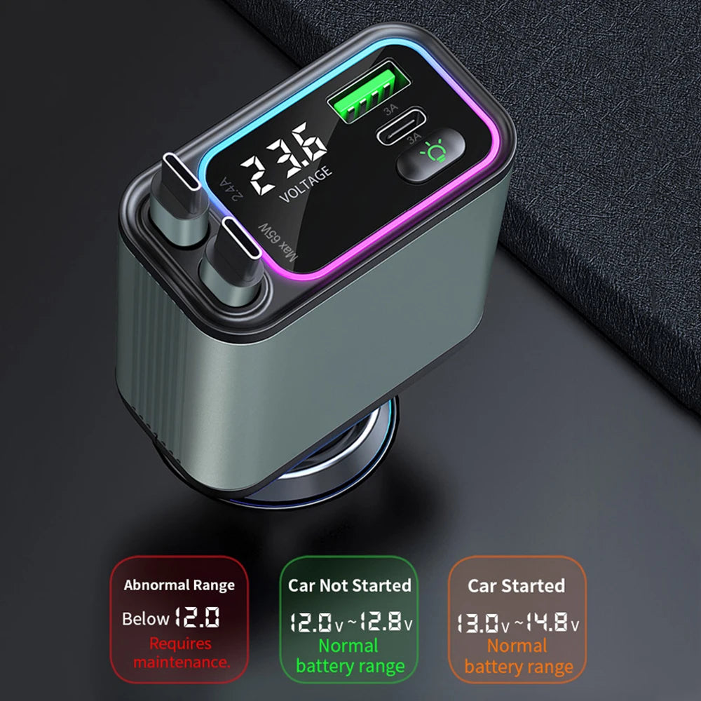 4-In-1 Retractable Car Charger with RGB Lights