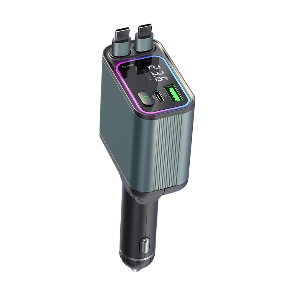 4-In-1 Retractable Car Charger with RGB Lights