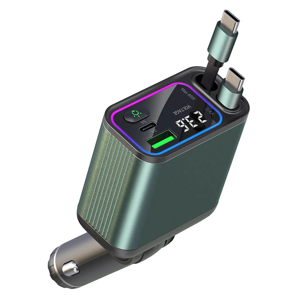 4-In-1 Retractable Car Charger with RGB Lights